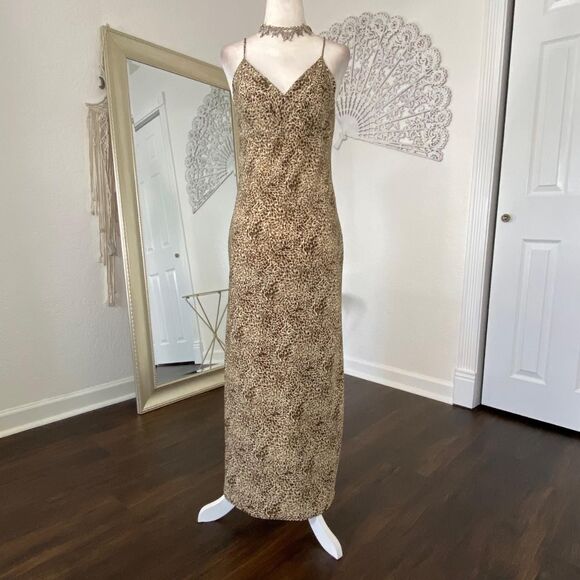 Early 2000s Euro Slinky Leopard Cheetah Animal Print Mesh Midi Maxi Slip Dress M - Picture 2 of 7